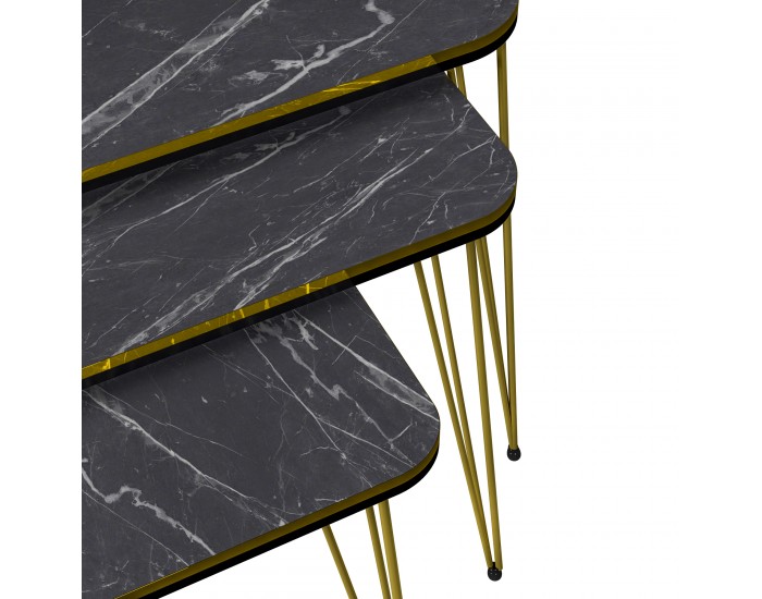 Комплект маси за гнездене Rudkøbing от 3 черни мраморни визии / златни []