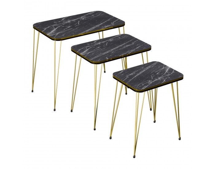 Комплект маси за гнездене Rudkøbing от 3 черни мраморни визии / златни []