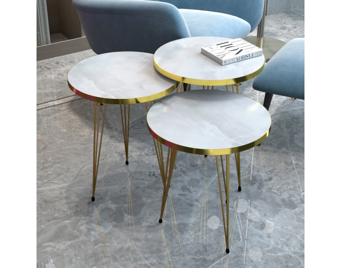 Маса за гнездо Skibby в комплект от 3 мраморни, бяло / златно []