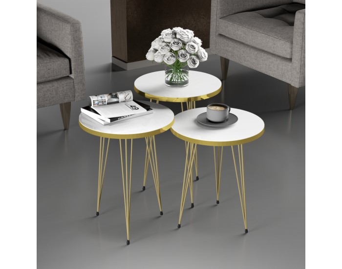 Маса за гнездо Ry комплект от 3 бели / златни []