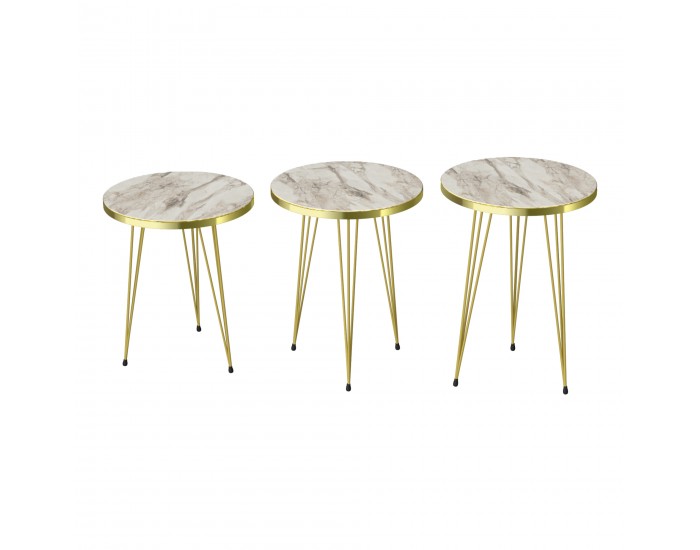 Комплект маси за гнездене Ry от 3 бели мраморни визия / златни []