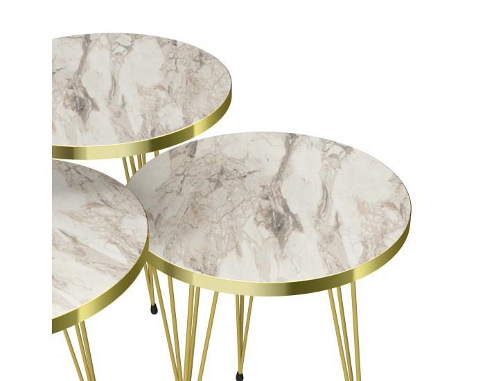 Комплект маси за гнездене Ry от 3 бели мраморни визия / златни []