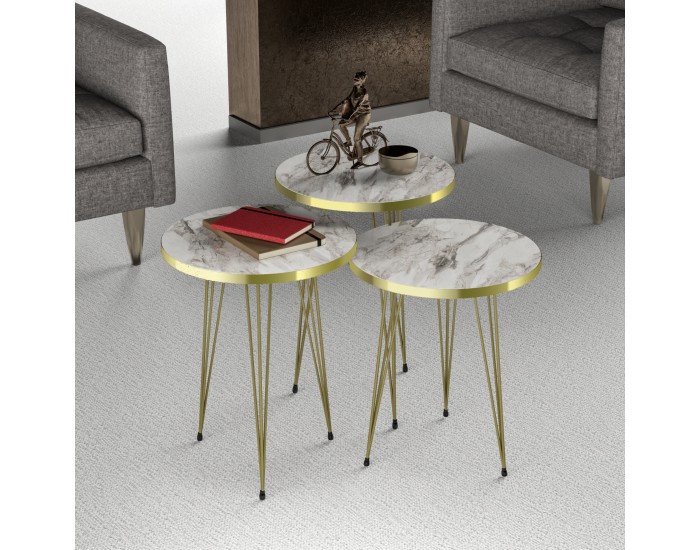 Комплект маси за гнездене Ry от 3 бели мраморни визия / златни []