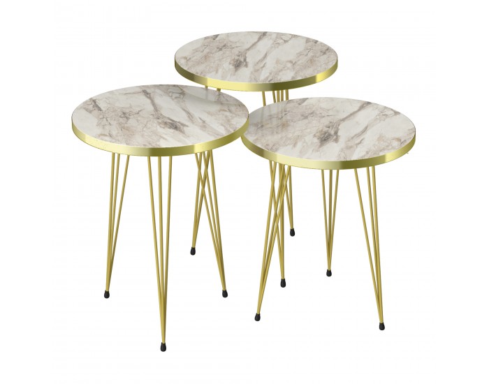 Комплект маси за гнездене Ry от 3 бели мраморни визия / златни []