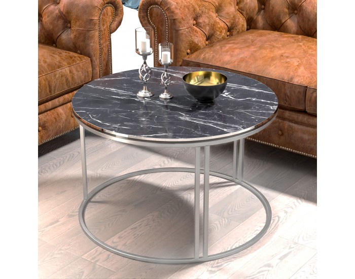 Маса за кафе Aulum 50 x 70 см мрамор, черен / сребрист []