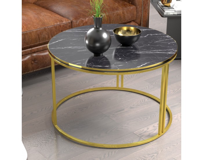 Маса за кафе Aulum 50 x 70 см мрамор, черен / златен []