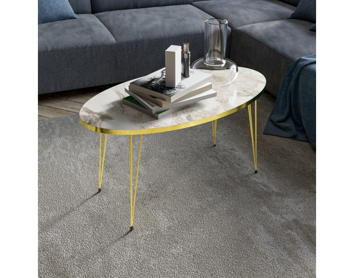 Маса за кафе Skævinge 43x90x50cm мрамор, бяло / златно []