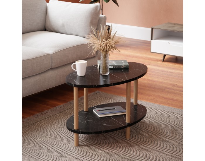 Маса за кафе Højreby с долен рафт 43 x 70 x 44 cm овален мрамор, черен []