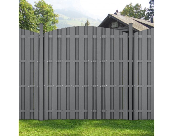 WPC градинска ограда с кръгла арка (165-185)x932 см сиво [ново.дърво]