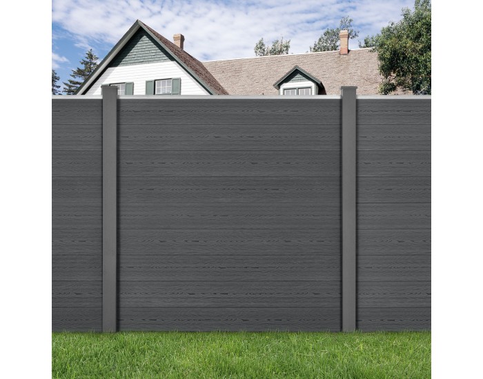 Градинска ограда Getafe WPC със стълбове 183x879 см сиво ново.дърво