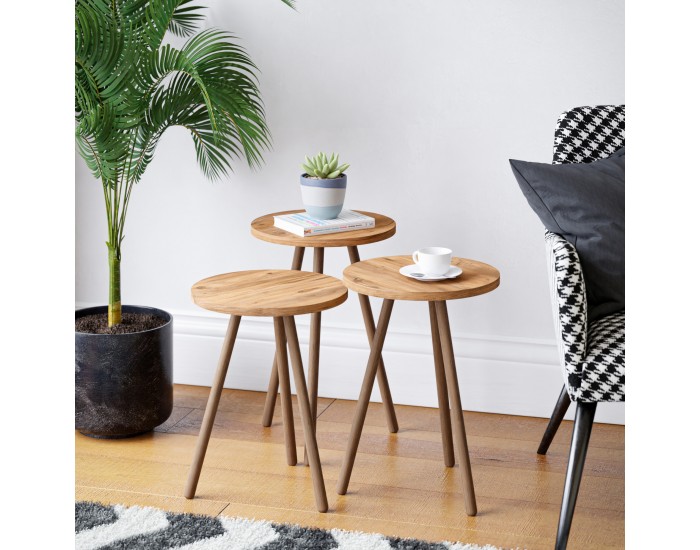 Маси за гнездене Hjørring в комплект от 3 кръгли 49 x Ø34 см вид на дърво []