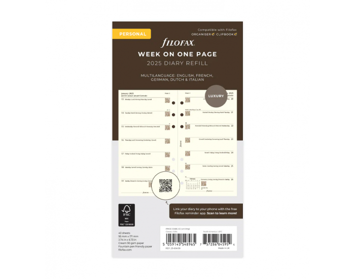 Filofax Пълнител за органайзер Classic, Personal, кремава хартия, за 2025 година, 1 седмица на страница