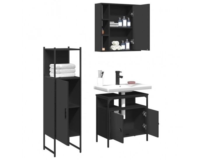 Sonata H Комплект шкафове за баня от 3 части, черен, инженерно дърво
