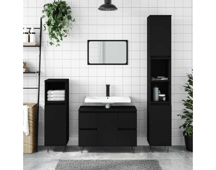 Sonata H Шкаф за баня, черен, 80x33x60 см, инженерно дърво