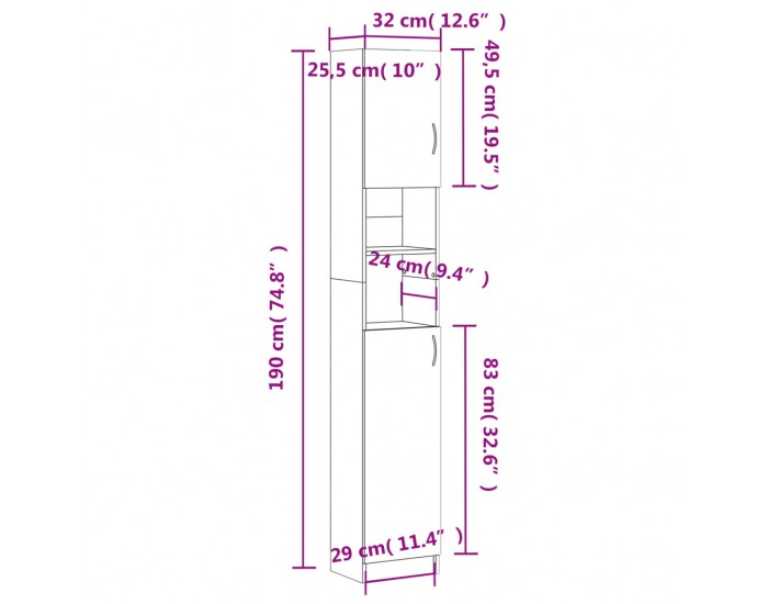 Sonata H Шкаф за баня, сив сонома, 32x25,5x190 см, инженерно дърво