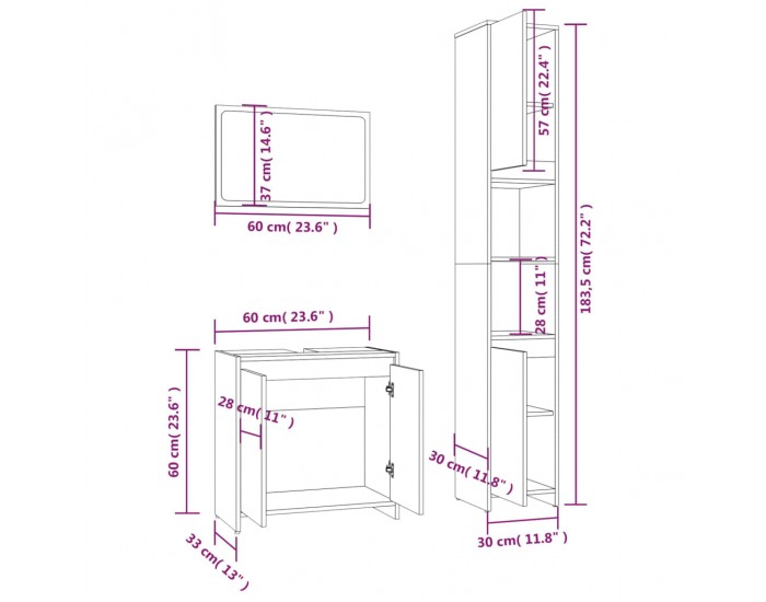 Sonata H Комплект мебели за баня от 3 части сив сонома инженерно дърво