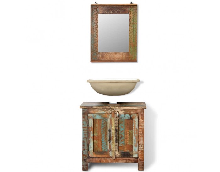 Комплект за баня от регенерирано дърво – шкаф за мивка и огледало