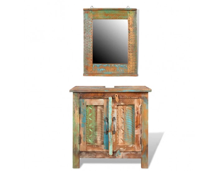 Комплект за баня от регенерирано дърво – шкаф за мивка и огледало