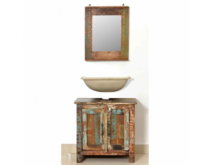 Комплект за баня от регенерирано дърво – шкаф за мивка и огледало