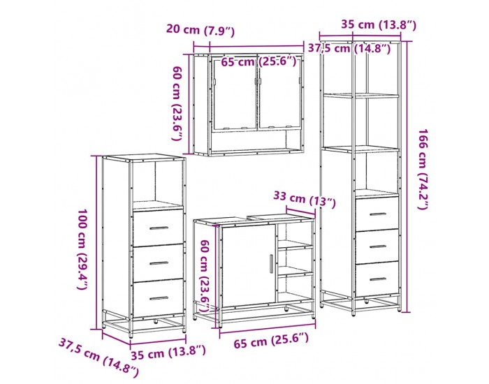 Sonata H Комплект шкафове за баня от 4 части дъб сонома инженерно дърво