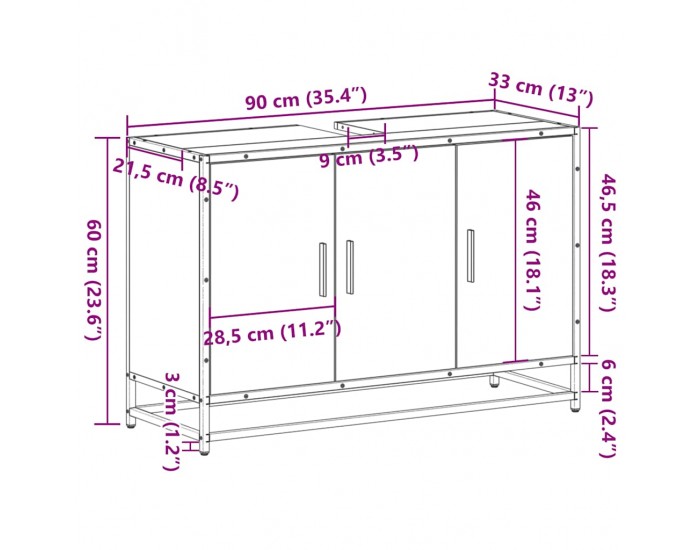 Sonata H Шкаф за мивка за баня Кафяв дъб 90x33x60 cm Инженерна дървесина