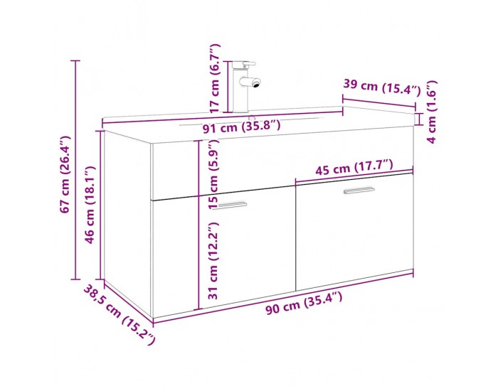 Sonata H Шкаф за мивка за баня с вградена мивка, сонома дъб