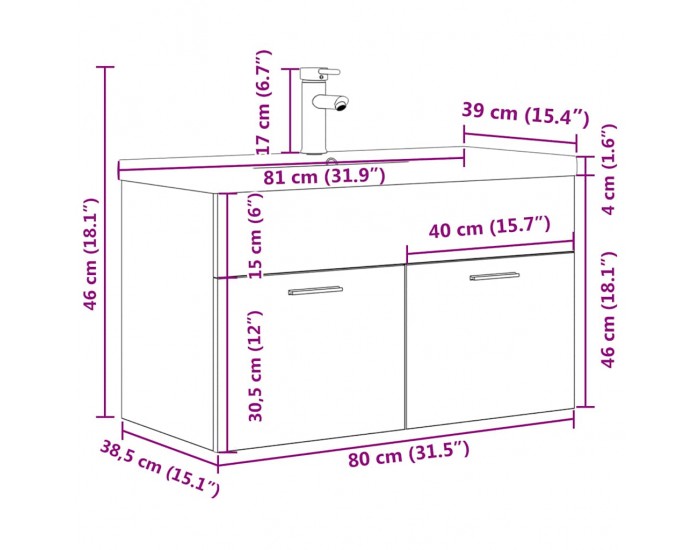 Sonata H Шкаф за мивка за баня с вградена мивка и смесител Бетон сив