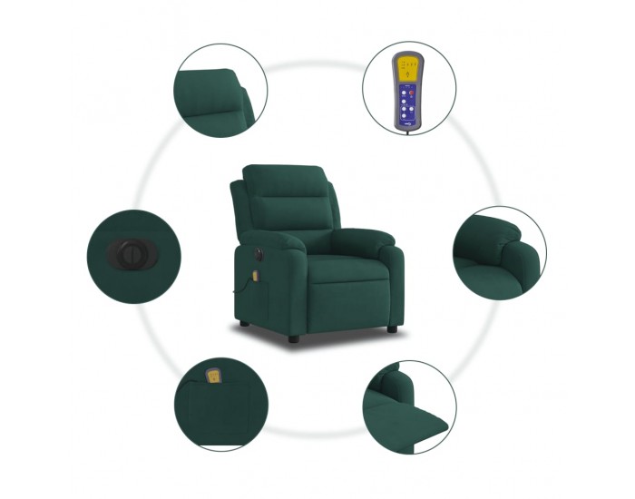 Sonata H Електрически масажен реклайнер стол, тъмнозелен, кадифе
