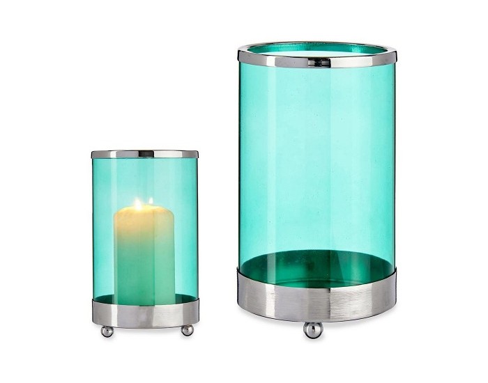 Поставка за свещ Сребрист Син Цилиндър Метал Cтъкло (9,7 x 16,5 x 9,7 cm)