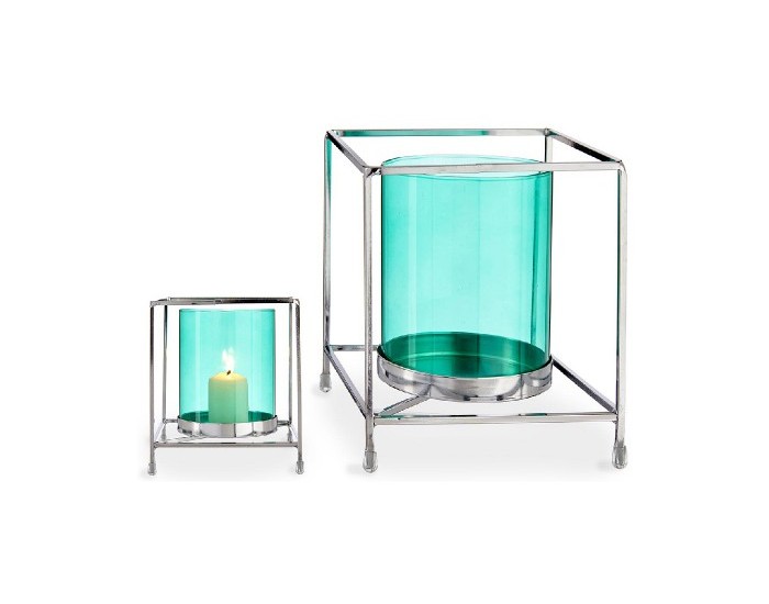Поставка за свещ Квадратек Сребрист Син Метал Cтъкло (14 x 15,5 x 14 cm)