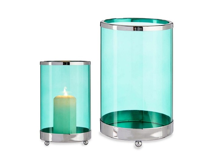 Поставка за свещ Сребрист Син Цилиндър Метал Cтъкло (12,2 x 19,5 x 12,2 cm)
