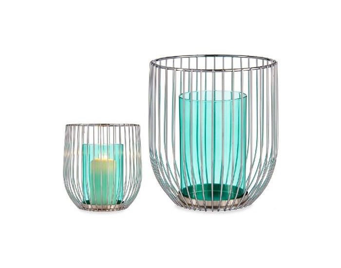 Поставка за свещ Сребрист Син Клетка Метал Cтъкло (15 x 17 x 15 cm)