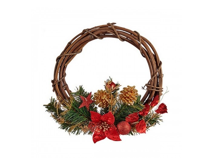 Коледен венец 30,48 cm Червен Дървен Зелен Пластмаса