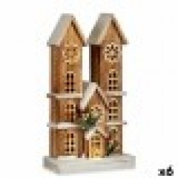 Декоративна фигурка Светлина Къща Бял Кафяв Дървен 25 x 46 x 9 cm (6 броя) - Сезонни и Празнични Декорации