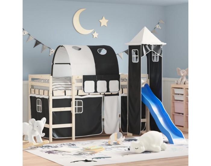 Sonata H Завеси за високо легло с тунел и кула, бяло и черно