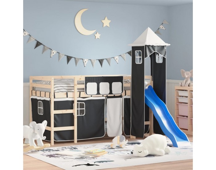 Sonata H Завеси за високо детско легло с кула, бяло и черно, полиестер