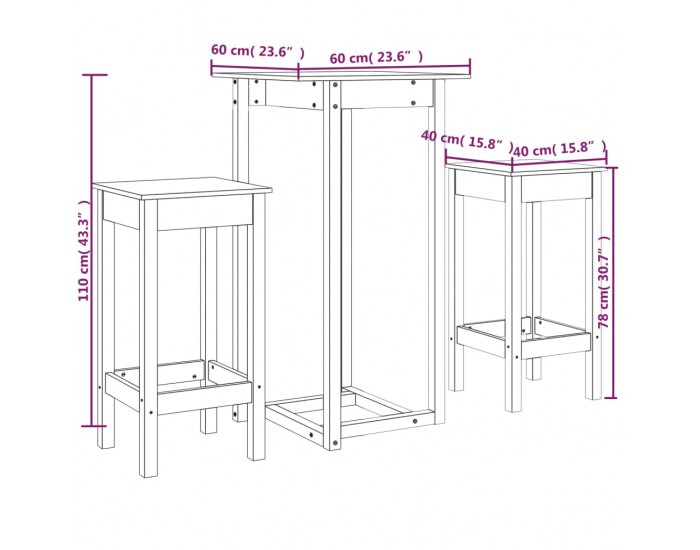 Sonata H Бар комплект от 3 части, бял, масивна борова дървесина