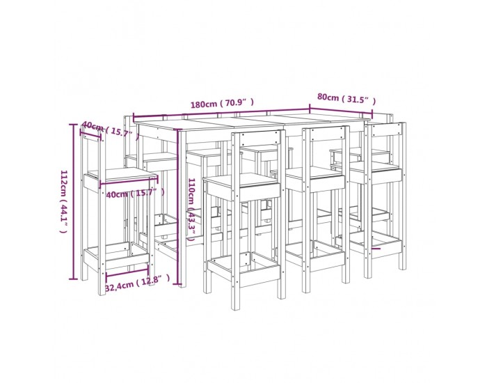 Sonata H Бар комплект от 9 части, бял, масивна борова дървесина
