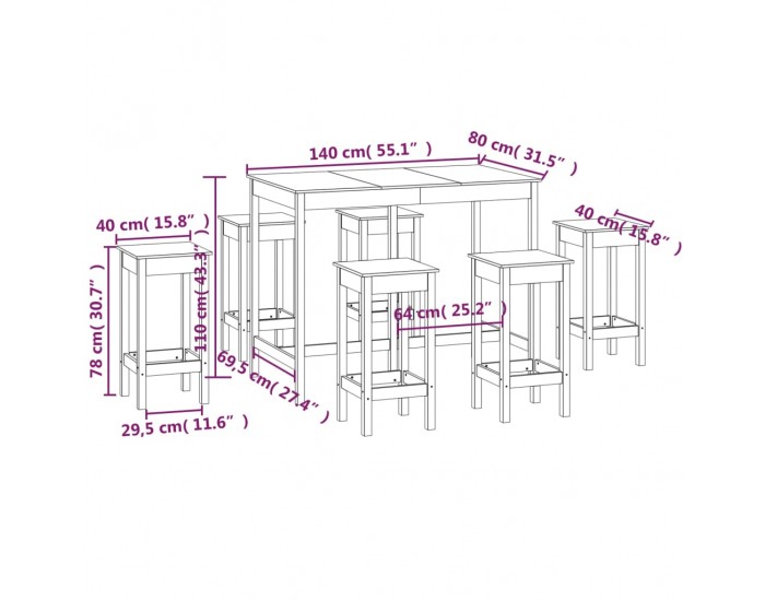 Sonata H Бар комплект от 7 части, масивна борова дървесина Sonata H Бар комплект от 7 части, масивна борова дървесина