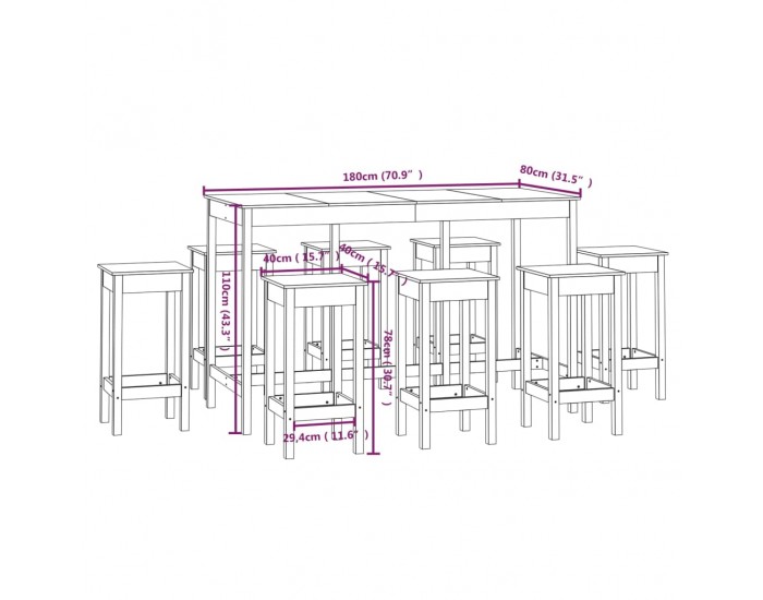 Sonata H Бар комплект от 9 части, бял, масивна борова дървесина