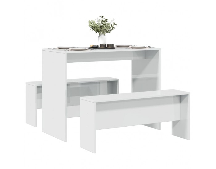 Sonata H Трапезна маса и пейки, 3 части, бял гланц, инженерно дърво