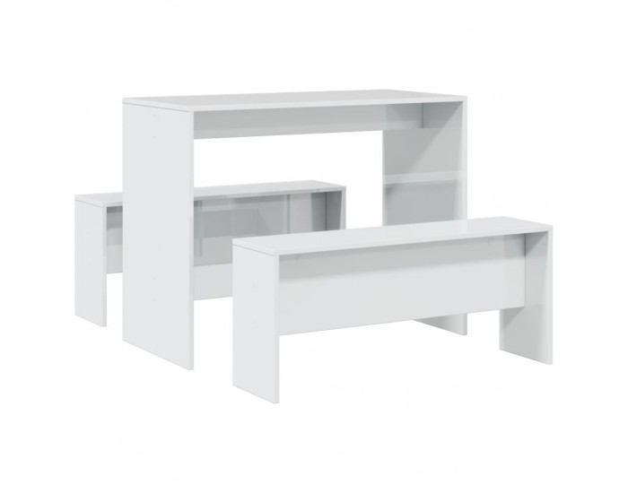 Sonata H Трапезна маса и пейки, 3 части, бял гланц, инженерно дърво