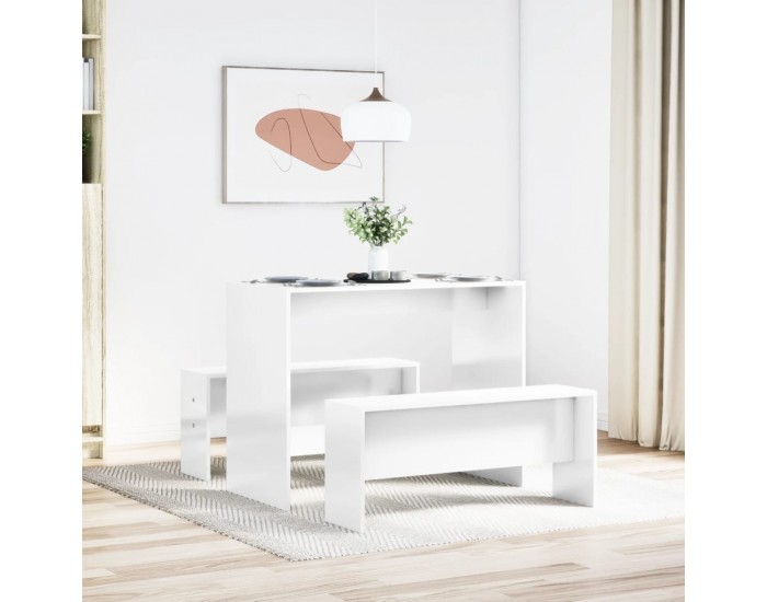 Sonata H Трапезна маса и пейки, 3 части, бял гланц, инженерно дърво