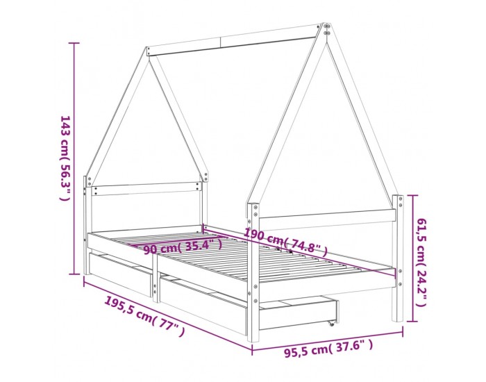 Sonata H Детска рамка за легло с чекмеджета, 90x190 см, бор масив