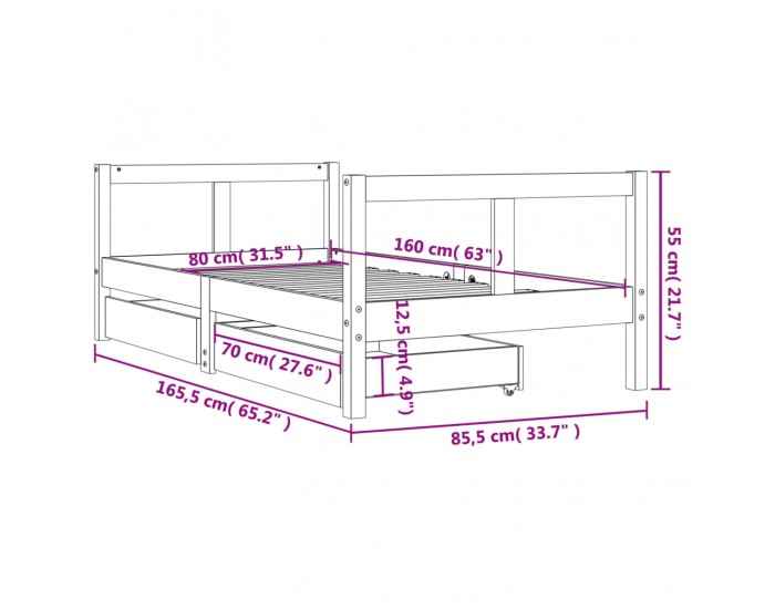 Sonata H Рамка за детско легло с чекмеджета 80x160 см бор масив