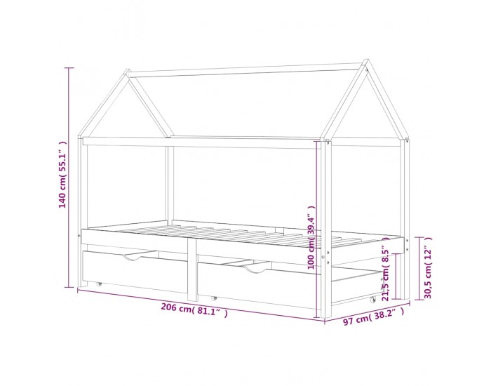 Sonata H Рамка за детско легло с чекмеджета, бяла, бор масив, 90х200 см