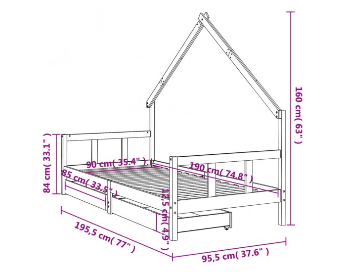 Sonata H Детска рамка за легло с чекмеджета, 90x190 см, бор масив