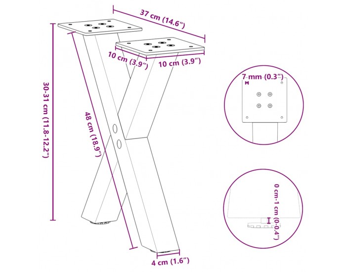 Sonata H Крака за холна маса X-образна 2 бр. естествена 37x(30-31) см