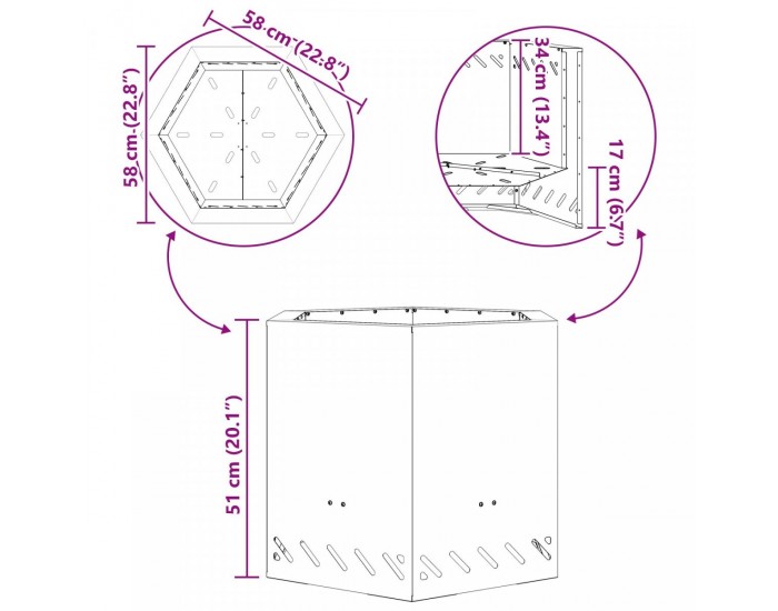 Sonata H Бездимно Огнище Шестоъгълно 58x58x51 см Обветрена Стомана