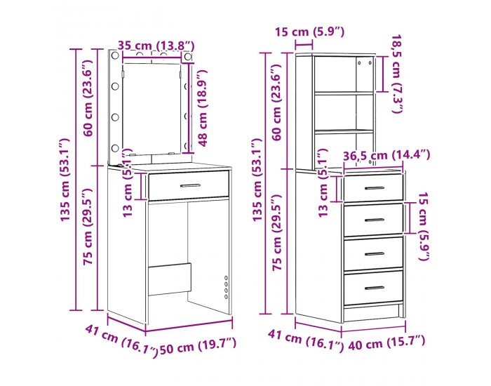 Sonata H 2 Частен Комплект Тоалетка с LED Конкретно Сиво Инженерна Дървесина
